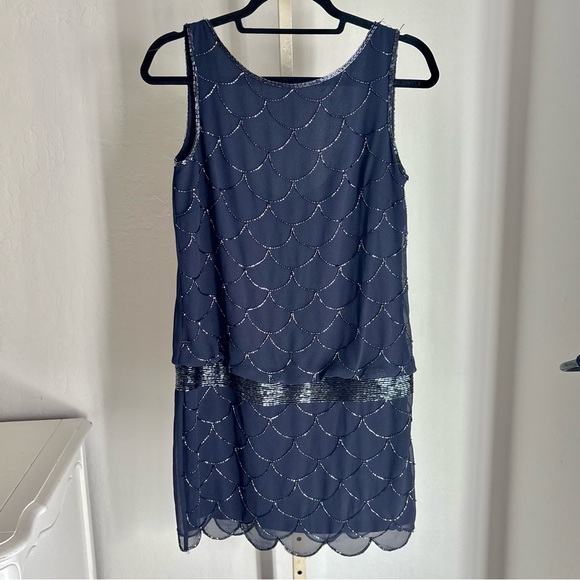 Adrianna Papell Dresses & Skirts - Adrianna Papell Navy Blue with Black Scalloped Bead Drop Waist 1920s Mini